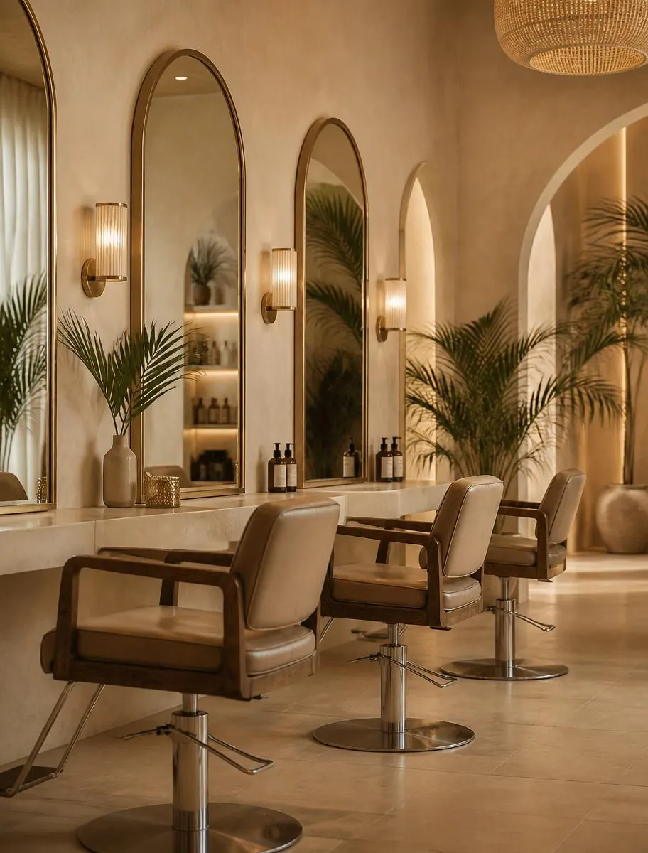 Warmes Salon-Interieur mit Bogenspiegeln und Palmen