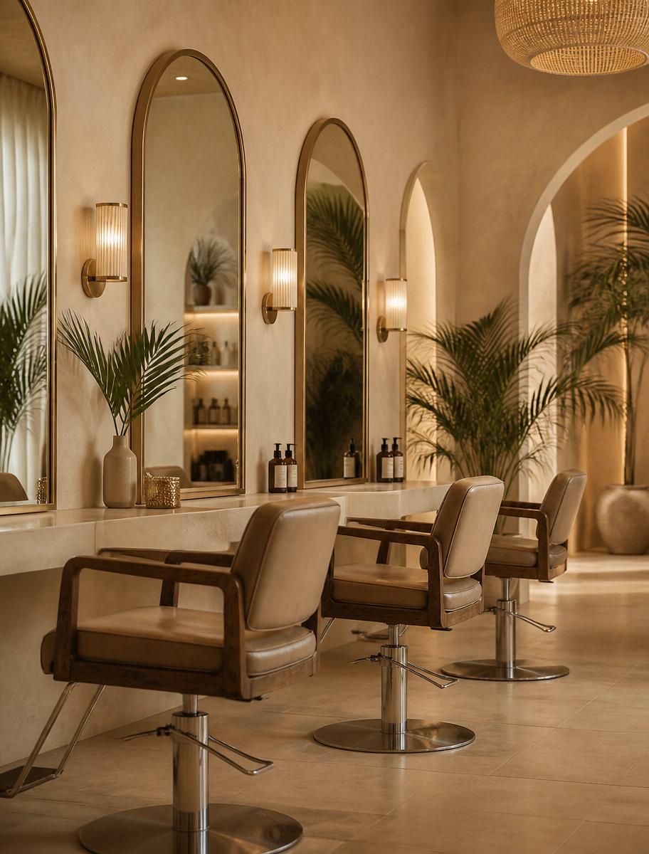 Warmes Salon-Interieur mit Bogenspiegeln und Palmen